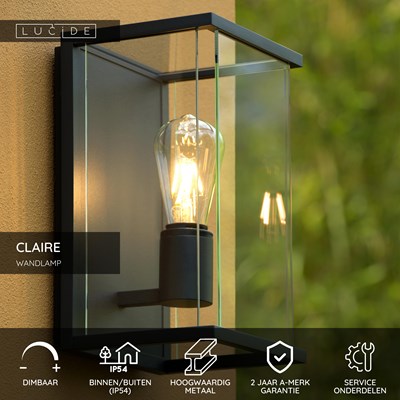 Lucide CLAIRE - Wandlamp Binnen/Buiten - 1xE27 - IP54 - Antraciet